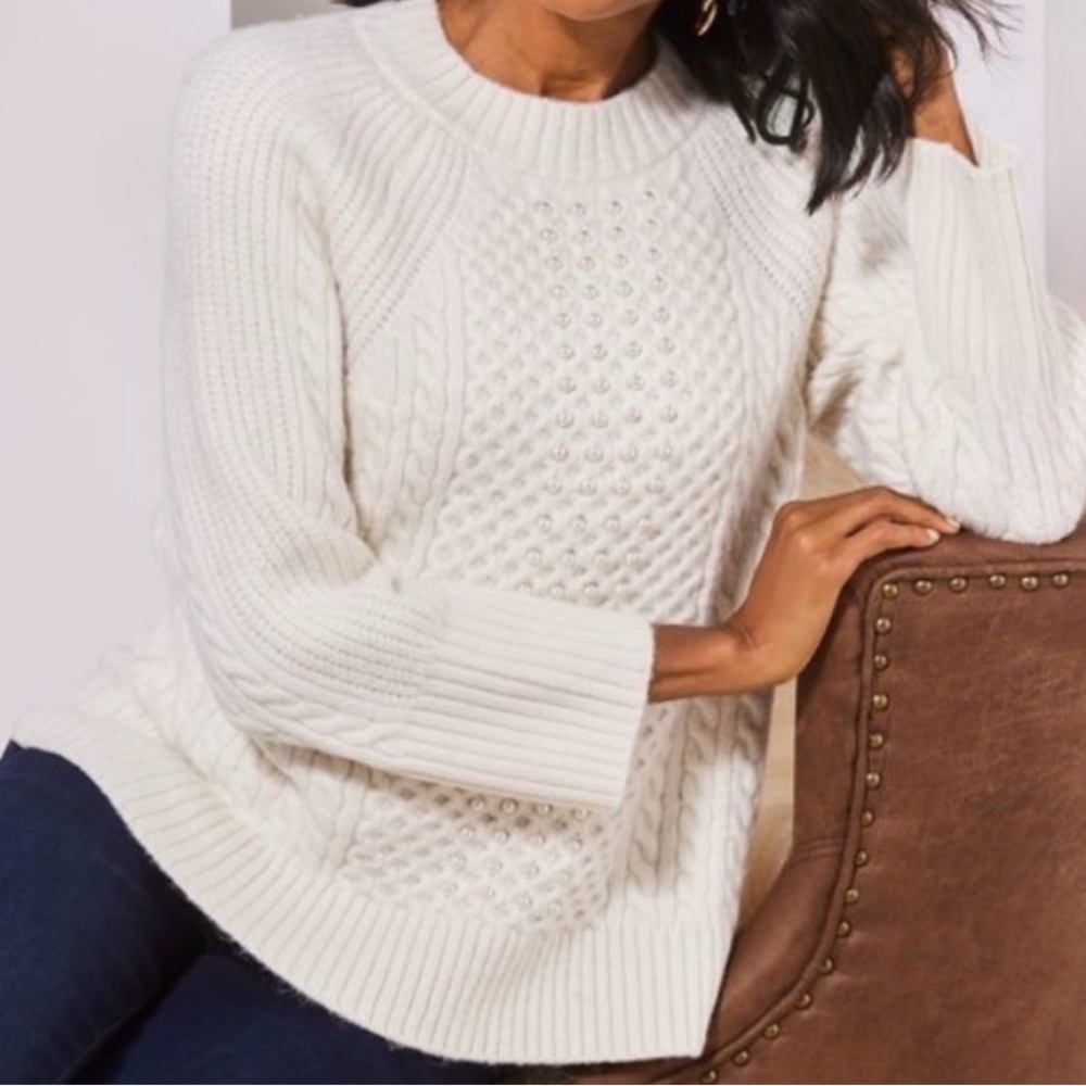 Soft Surroundings Ivory Neomi Pearl Embellished cable Knit Sweater